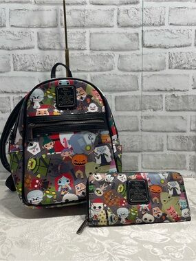 Loungefly The Nightmare Before Christmas Multicolor Backpack & Wallet. Peel-Used